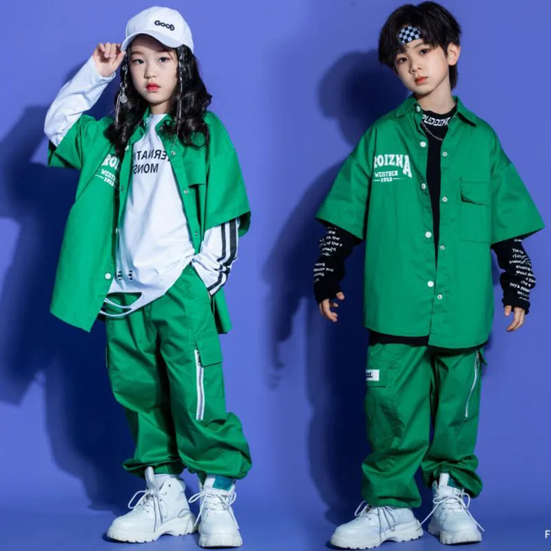 Bambini che mostrano vestito Hip Hop abbigliamento camicia verde giacca tattica Cargo Joggers pantaloni per ragazza ragazzo Jazz Dance Costume vestiti