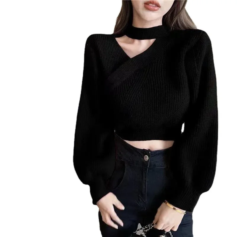 Neckline Sexy Atmosphere Sense Sweater Women Autumn Winter 2024 New Solid Color Careful Machine Hollowed-out Clavicle Knit Top