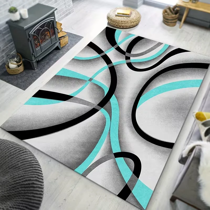 Modern Abstract Geometric Area Rug Turquoise Black Gray Swirl Pattern Soft Soft Carpet Living Room Bedroom Indoor Decor Mat