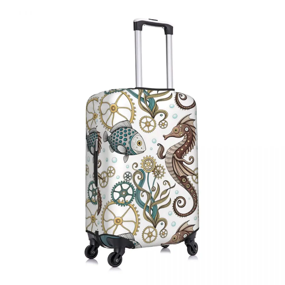 Steampunk Seahorse Fish Pattern Travel Luggage Cover Dust Proof Sea Creatures Suitcase Cover Protector Fit 18-32 Inch