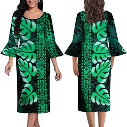 Polynesian Vintage Tribal Design Printed Long Dress Banquet Quality Fabric Dress Summer Long Sleeve Dress Custom Women's Dress