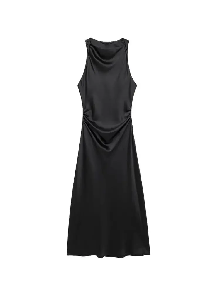 Women\'s Fitted Satin Midi Dress, Side with Gathered, O Neck, Sleeveless, Female Dresses, Chic Fashion
