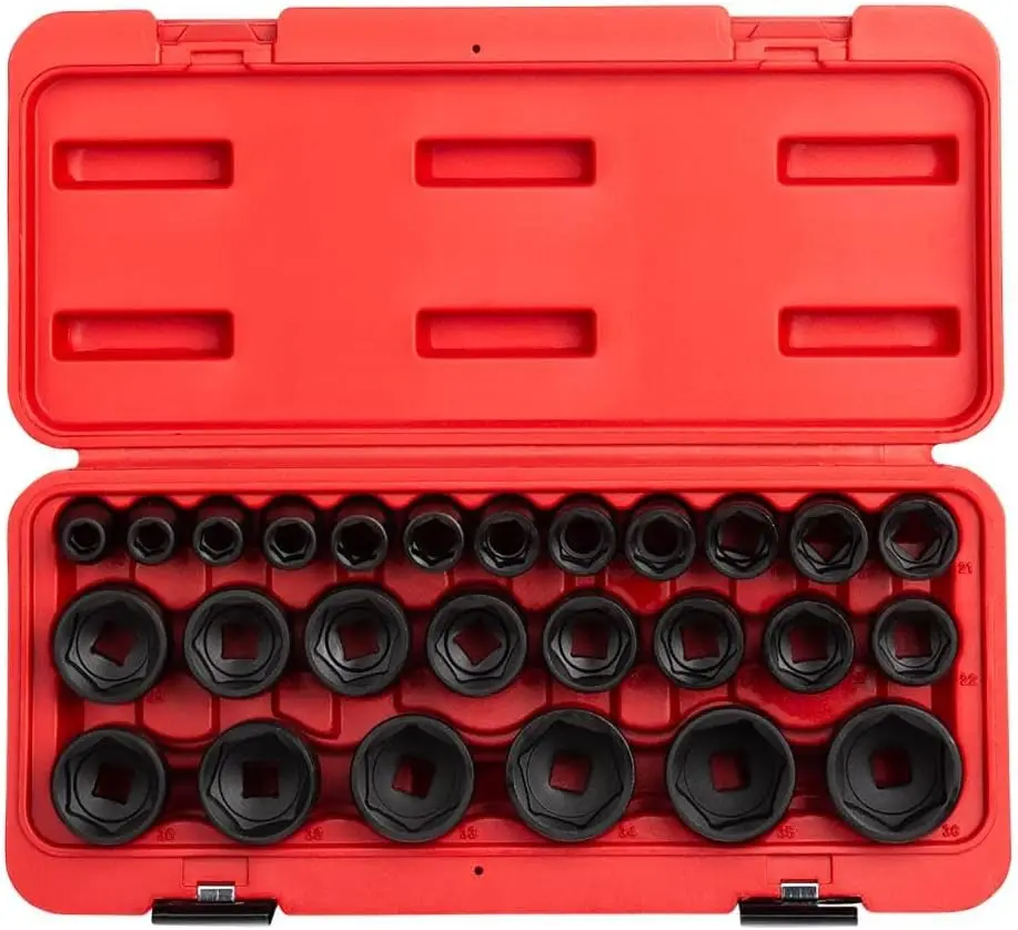 

1/2 Inch Drive Impact Socket Set, 26-Piece, Metric, 10mm-36mm, Cr-Mo Alloy Steel, Radius Corner Design, Heavy Duty Storage Case