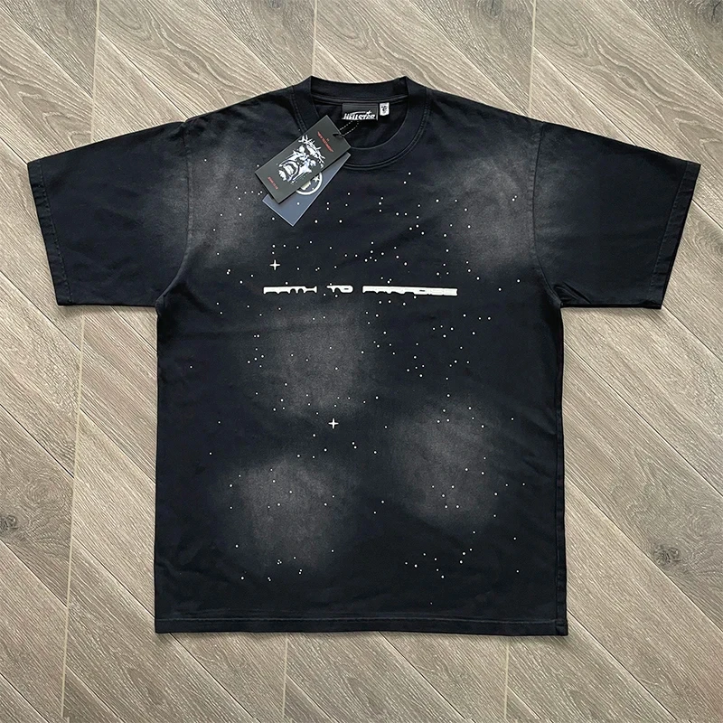 Hellstar Unisex Vintage Washed Pure Cotton T‑Shirt, Small Hot‑Diamond Graphic Print Short Sleeve Tee for Street Daily Wear