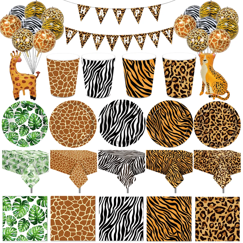 Woodland Animals Ballon Tiger Zebra Giraffe Leopard Disposable Tableware Kids Jungle Safari Birthday Party Decoration Flagbanner