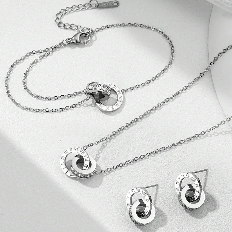 Classic Stainless Steel Circles Roman Numbers Necklace Bracelet Earrings For Women Simple Versatile Daily Jewelry