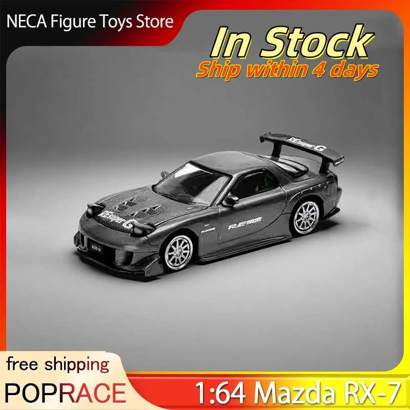 

POPRACE 1:64 Mazda RX-7 RE-Amemiya - Gunmetal Gray Alloy Diecast Car Model with Openable Hood Widebody Replica Collectible Toys