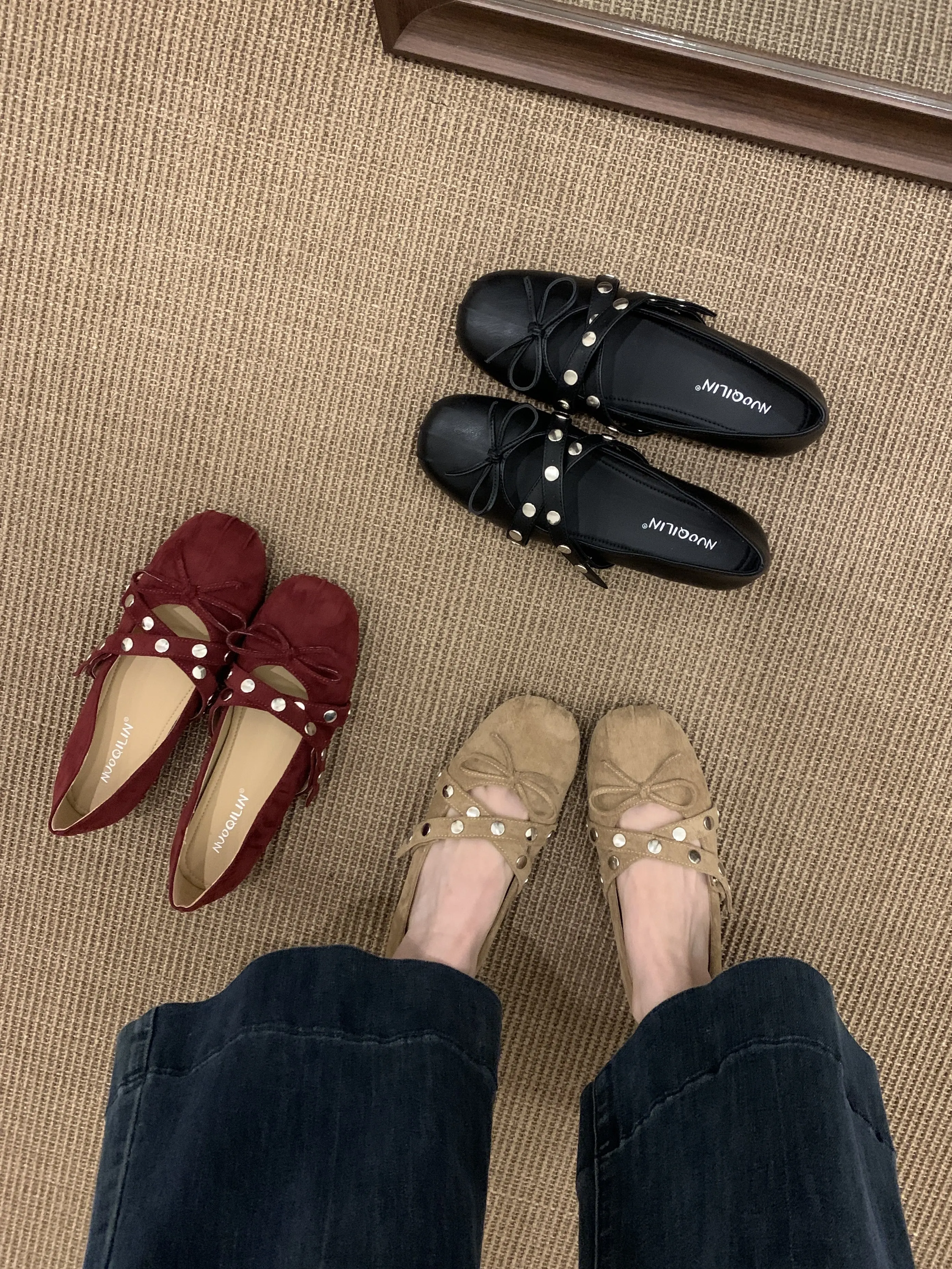 レディースローファーシューズバレエフラットリベットスタッズボウノット女性靴秋スクエアトゥ高さを増す下駄プラットフォームモディスsl