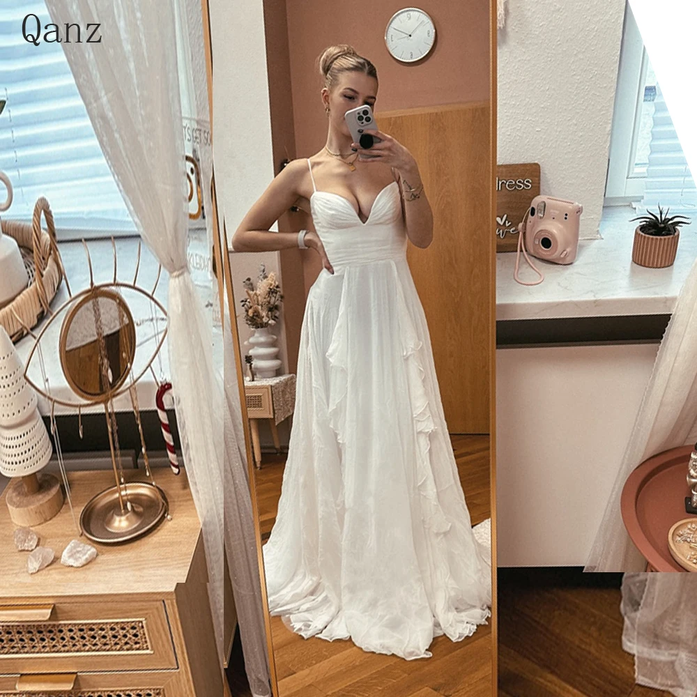 Qanz Simple Boho Wedding Dresses A-Line Chiffon Ruffles Bridal Gowns Sexy Spaghetti Straps Sweetheart Vintage Vestidos De Novia