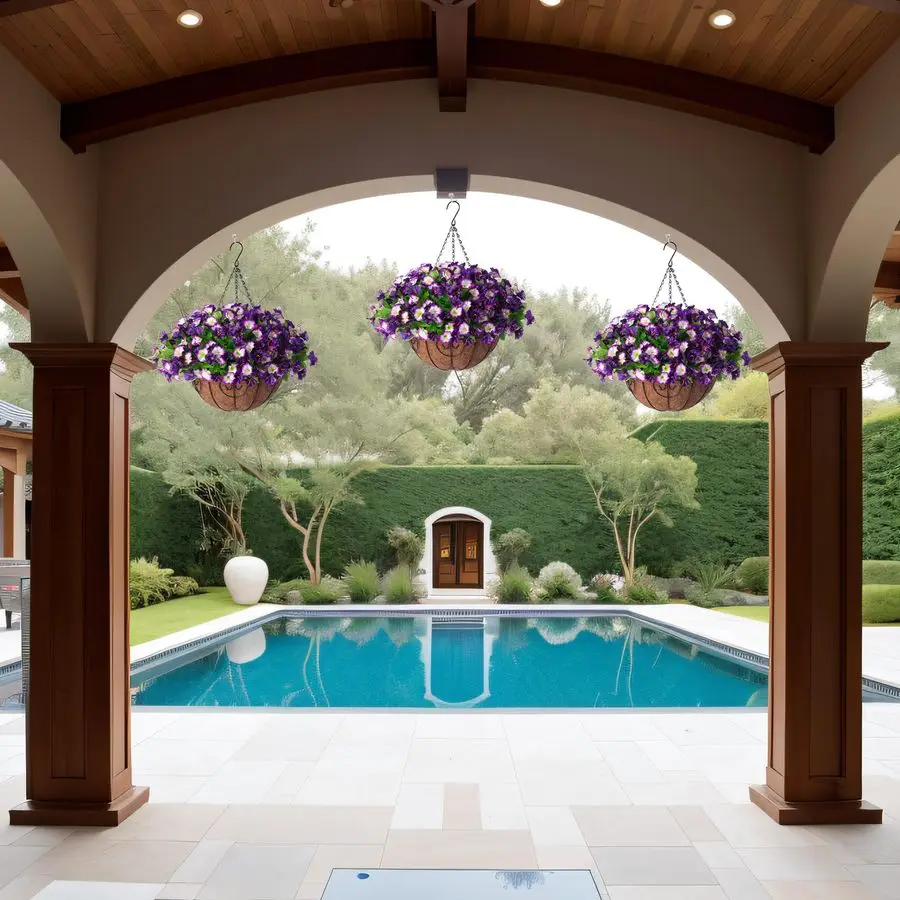 

Artificial Hanging Flowers 12 inch Basket, Faux Silk Petunias Flower Arrangement,Coconut Lining Pot Planter with Morning Glories