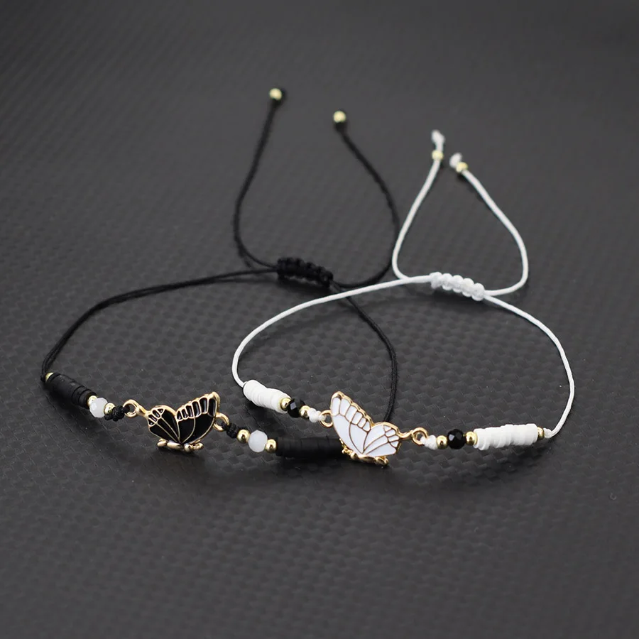 Romantic 2Pcs/Pair Butterfly Couple Bracelet Apparel Accessories Black White Color Adjustable Thin String Braslet Friends Joias
