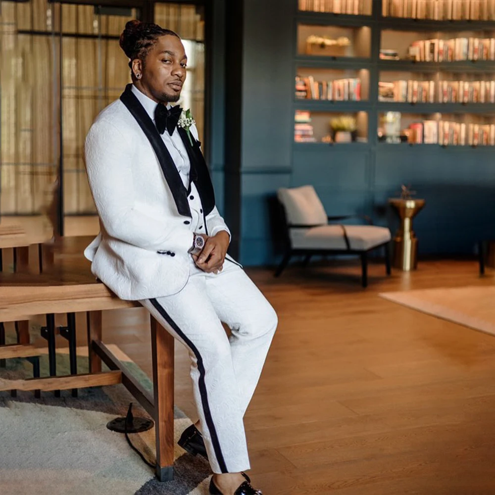 

Jacquard Men's Jackets Shawl Lapel One Single Button White Groom Wedding Suit Luxury Evening Dress Coat Prom Blazer Customized