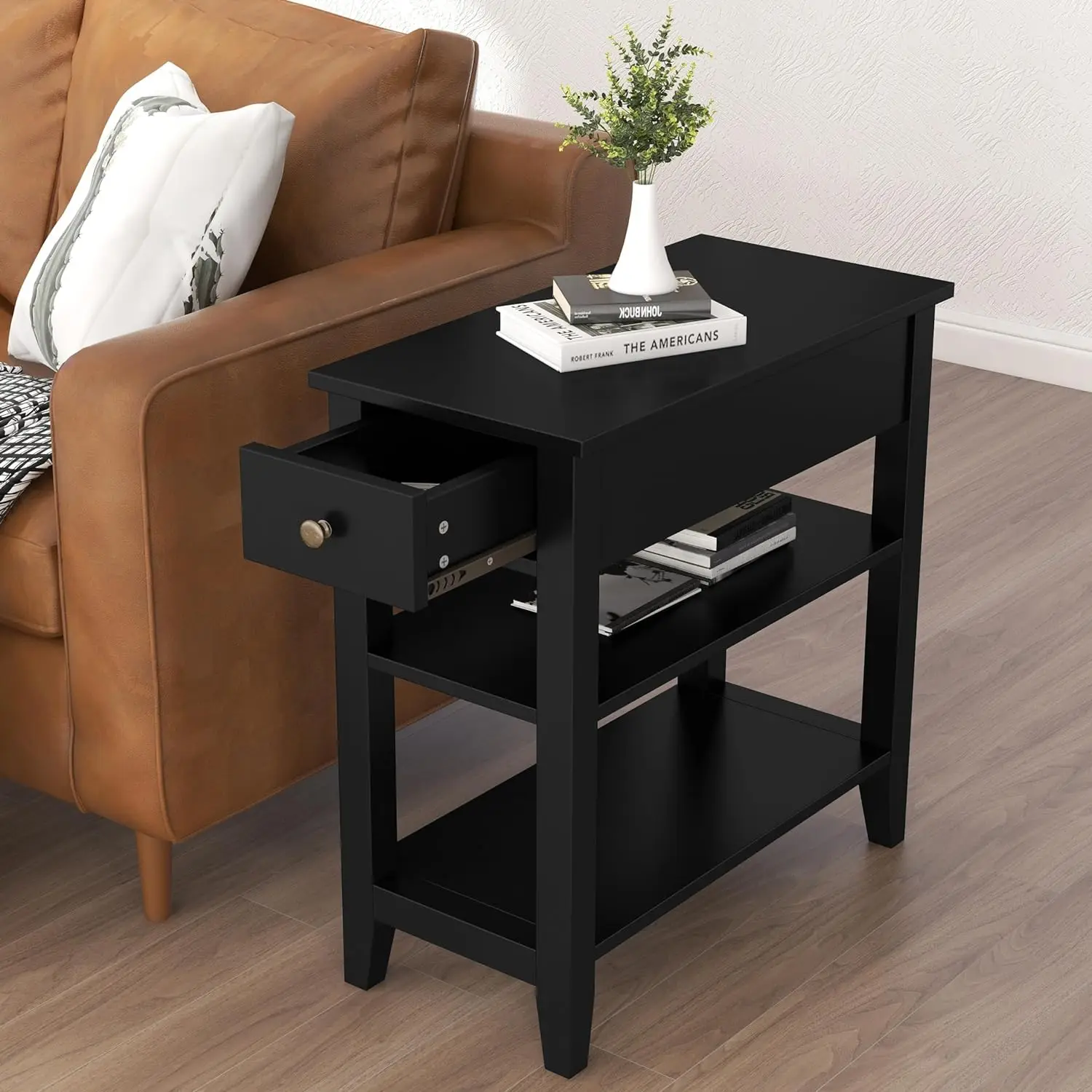 Narrow Side Table with Drawers, Living Room, 3 Tiers Shelf, Storage Desk, Black Sofa Side Table, Compact and Convenient