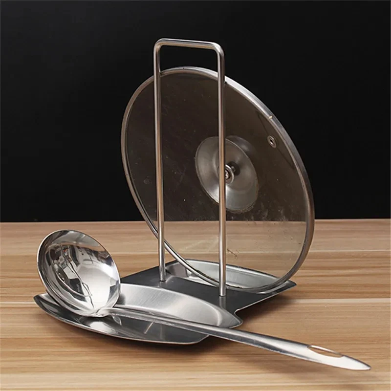 

Stainless Steel Pan Pot Cover Stand Silver Color Soup Spoon Holder Drain Rack Stove Organizer Storage Kitchen Accessories