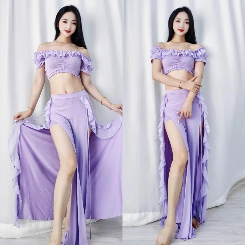 カスタマイズされたベリーダンス衣装練習服モーダルシフォンレースダブルスリットロングスカートワンカラーのセクシーなオリエンタルダンススーツ