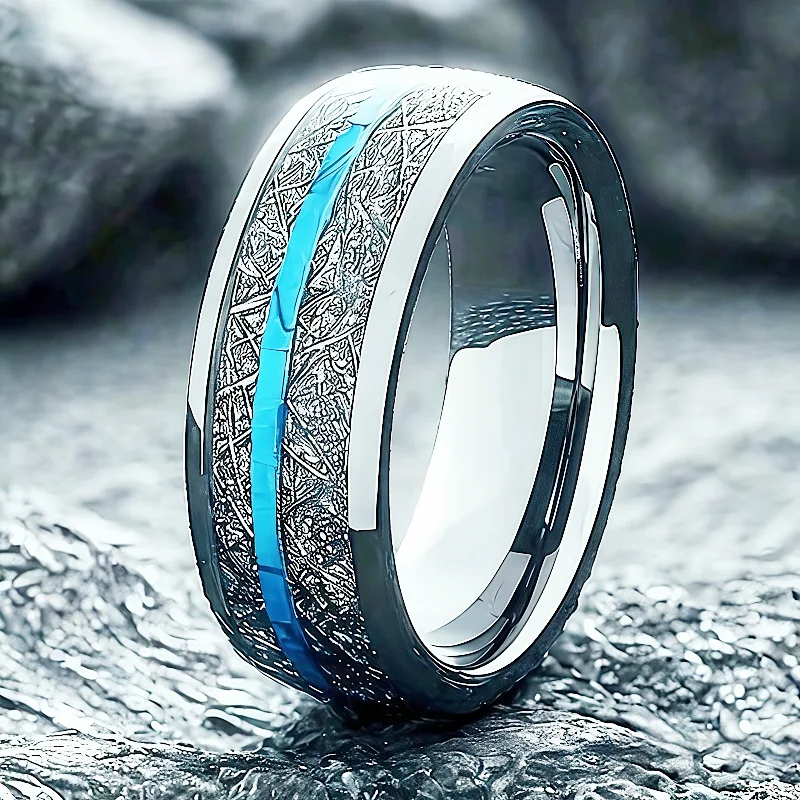 8MM Turquoise Stone Inlay Mne's Stainless Steel Rings Unique Silver Meteorite Women Wedding Band Jewelry Party Accessories Gift