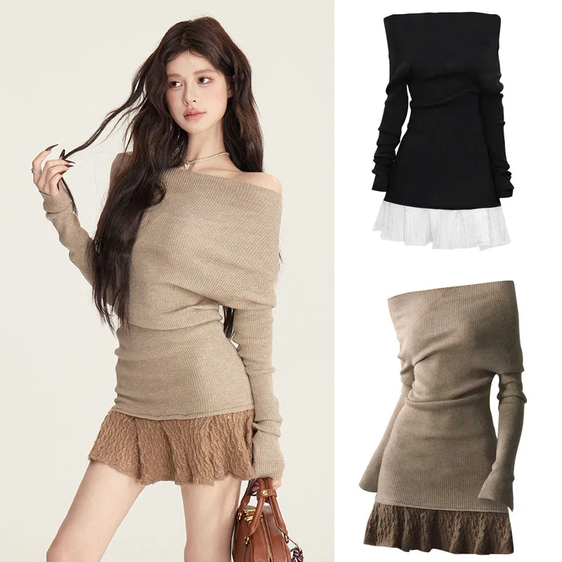 

Autumn New Off-Shoulder Black Knitted Sweater Dress Women, Unique Design Patchwork Hem, Hot Girl Bodycon Dress
