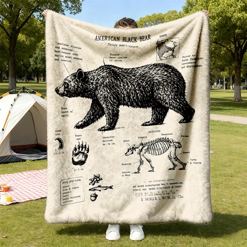 Black Bear Anatomy Soft Blanket Vintage Wildlife Illustration, Paw Print Diagram