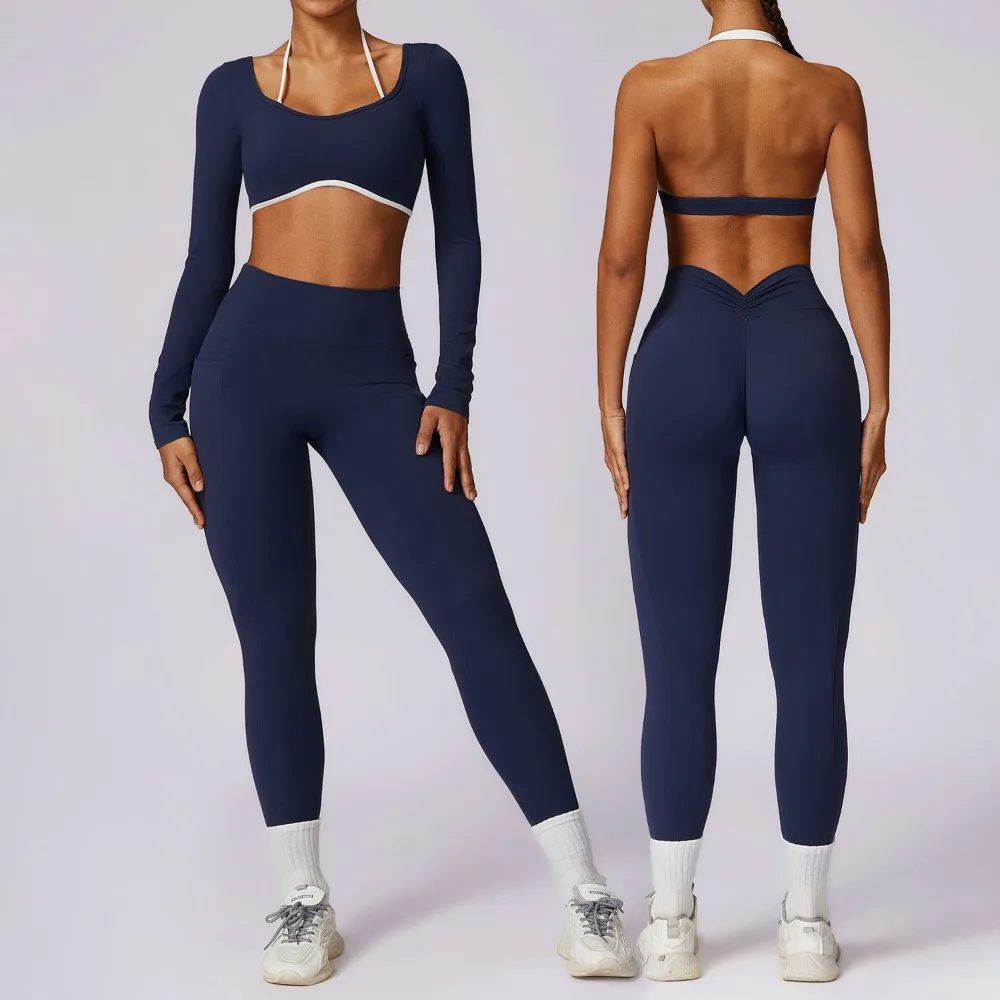 

Женский комплект для тренировок в тренажерном зале из 2 предметов — спортивный бюстгальтер для йоги с открытой спиной, рубашка с короткими рукавами, леггинсы для бега, спортивная одежда для фитнеса с высокой талией