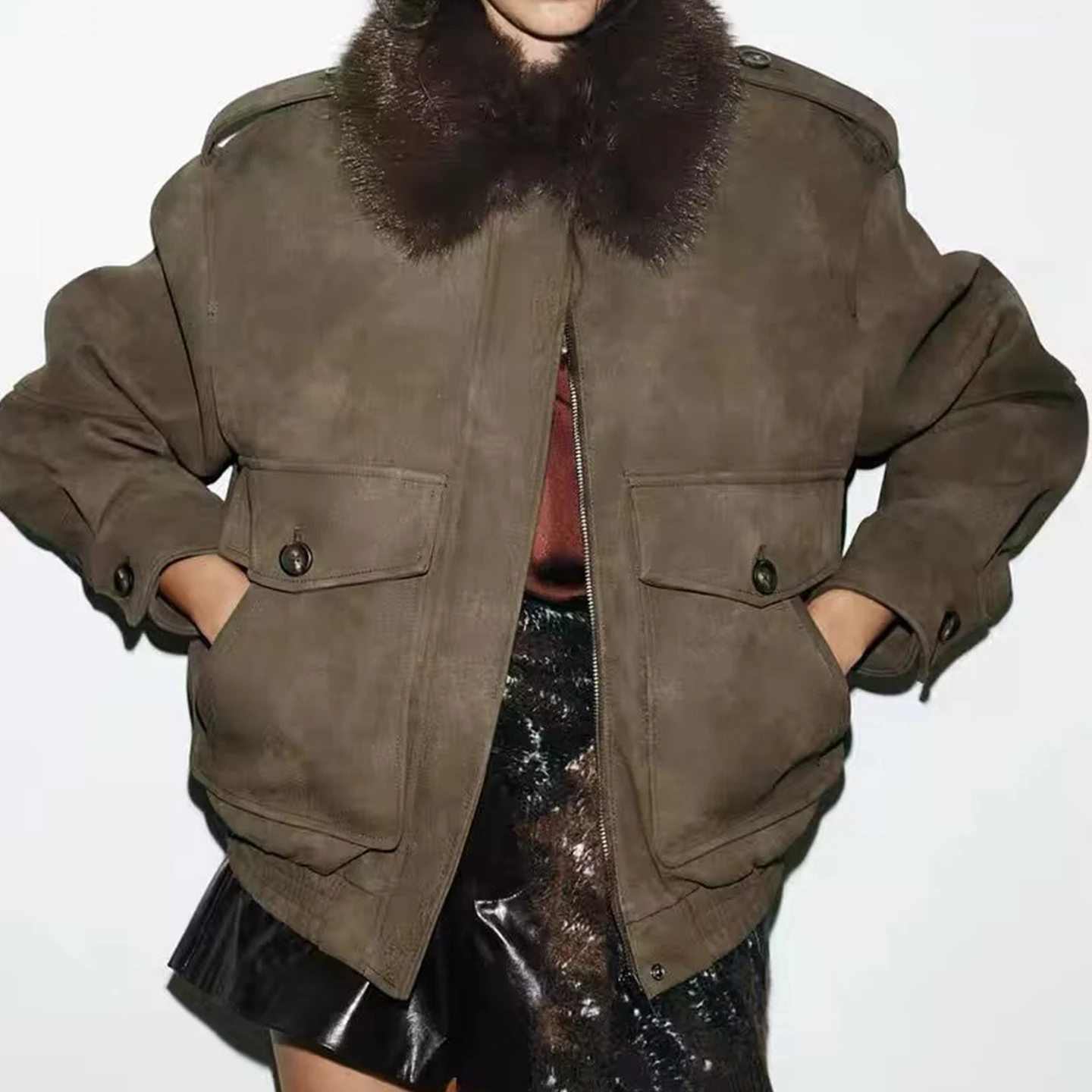 Chaqueta Casual de Moda para Mujer Z, Estilo Nuevo 2025, Efecto Piel Sintética, Corte Hoado, Chaqueta Corta, Manga Lar...