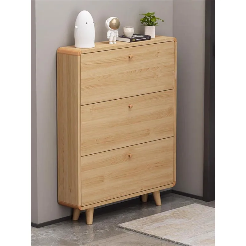 All solid wood shoe cabinet, ultra-thin and extremely narrow shoe cabinet, integrated tipping bucket storage rack for the entran