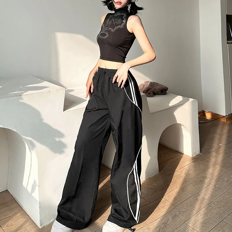 Nieuwe Europese en Amerikaanse Style2025Lente en zomer nieuwe dames effen kleur losse straatmode hoge taille rechte trekkoord