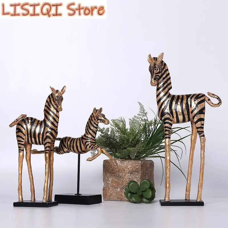 

New Resin Crafts Simulation Animal Sculpture Golden Zebra Horse Decorative Figurines Home Decoration Accessories Zebra Figurine