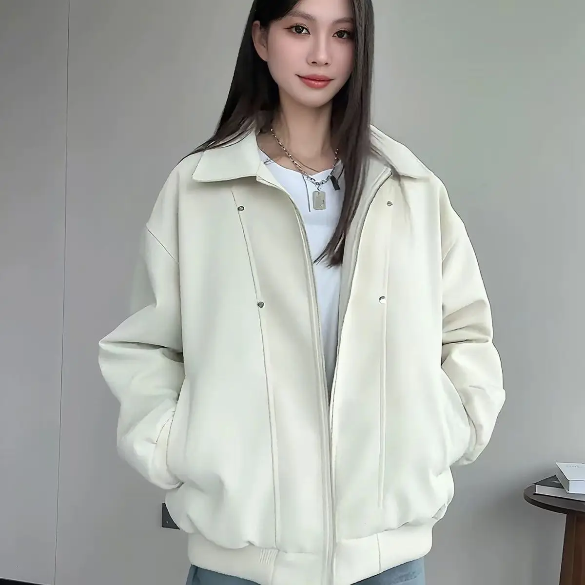 

Off-white PU leather rvetted jacket for men and women, spring/autumn collared baseball jersey