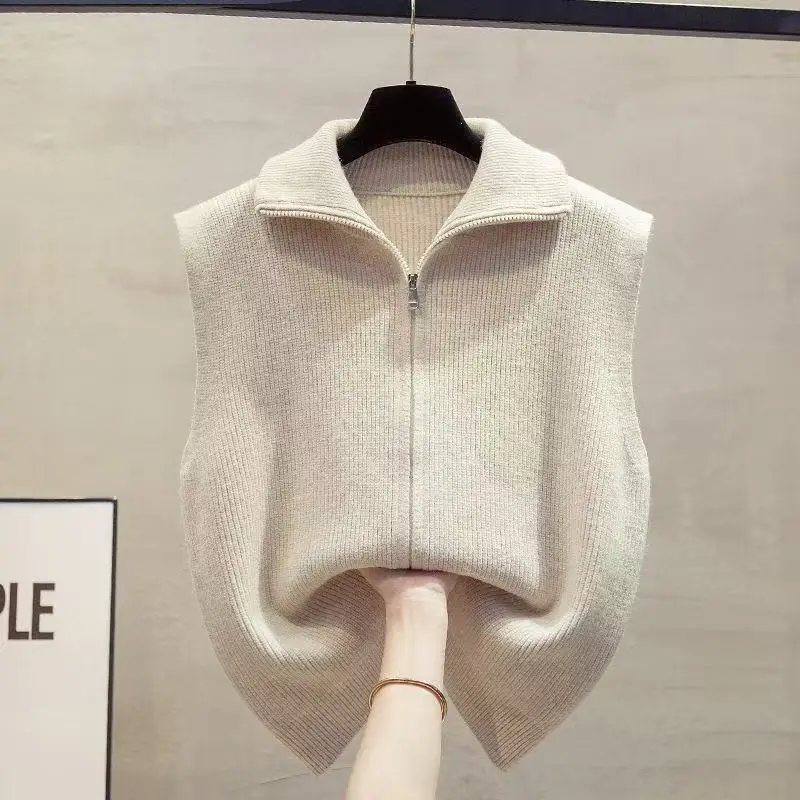 

Double Zipper Vest Women Sweater Autumn Sleeveless Sweater Vest Stand Collar Solid Color Outside The Western Style Vest Female