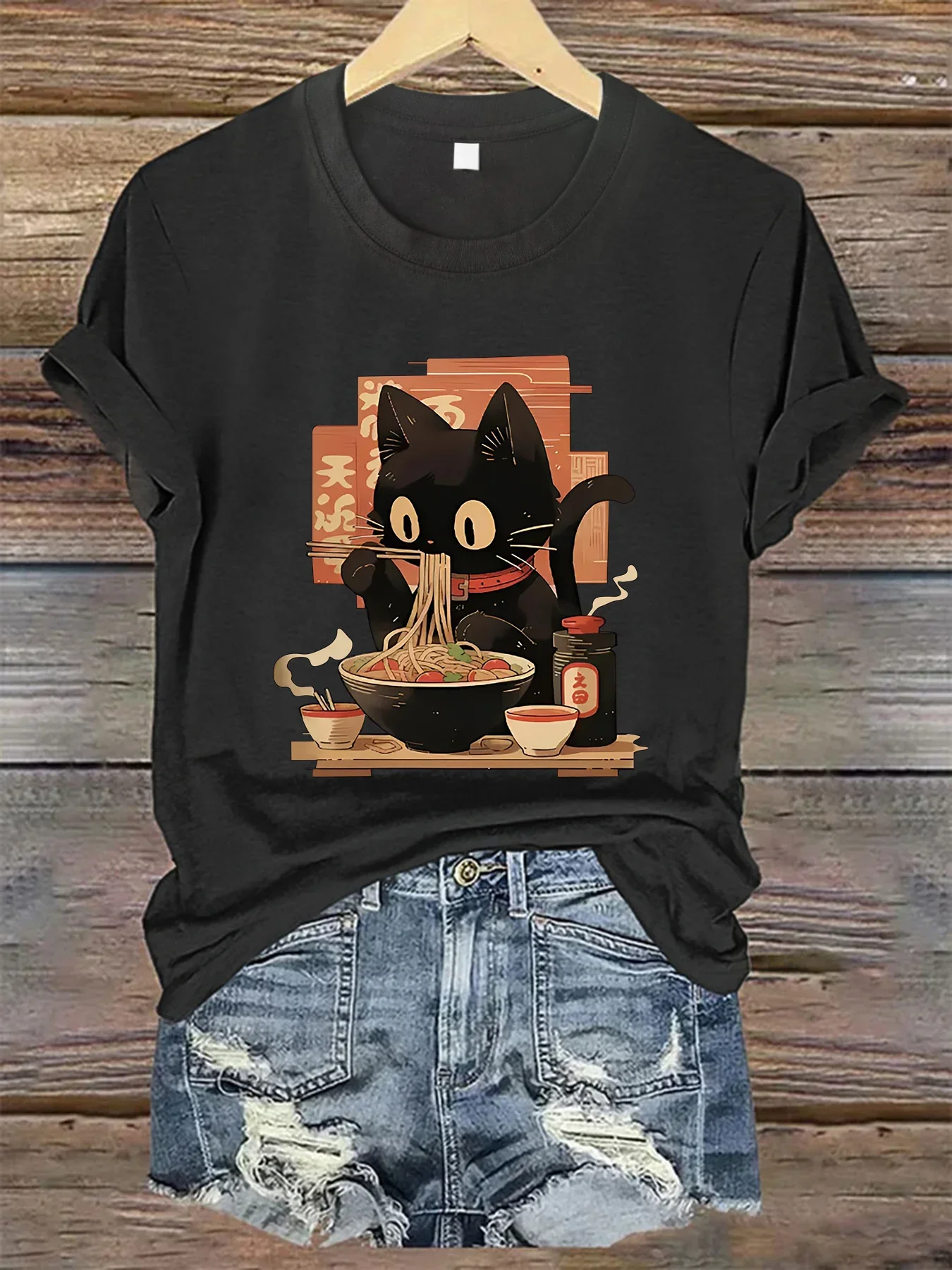 

Crew Neck Short Sleeve Knit Fabric All Season Top Women'S Casual T-Shirt with Cute Cat Graphic Print Aesthetic Clothes Top Tee﻿