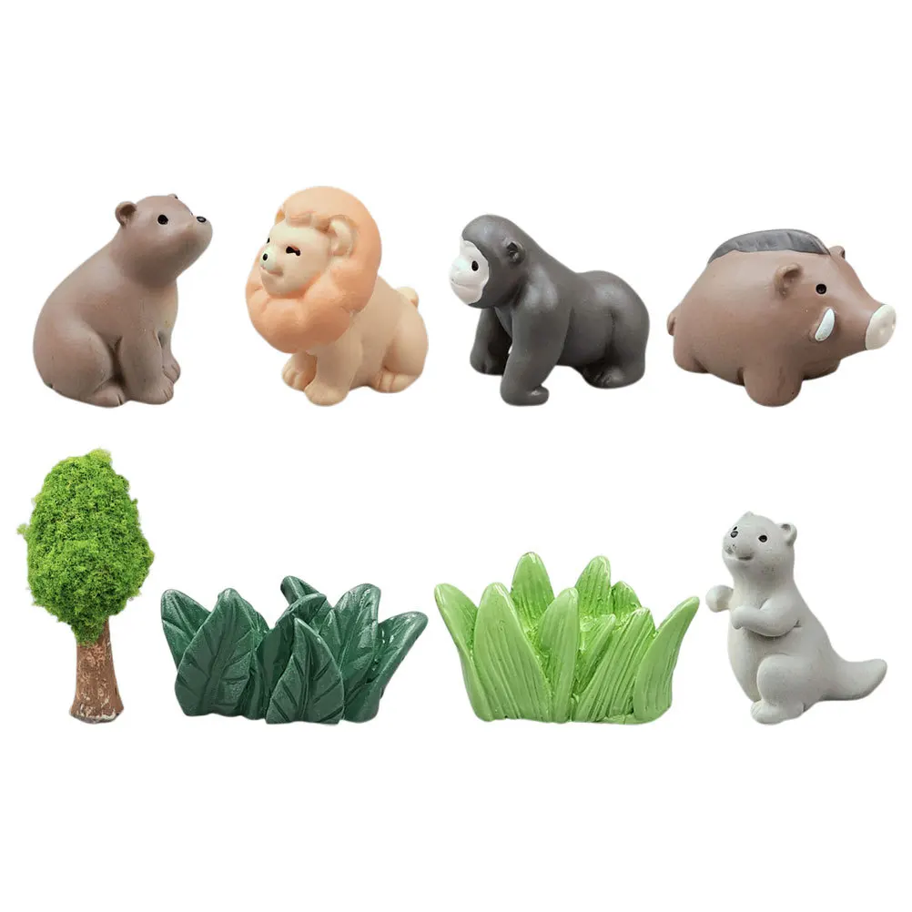 8Pcs Miniature Resin Decor Set Animals Trees for Dollhouse Garden Fairy Scene Micro Landscape Craft Kids Educational Play Kit