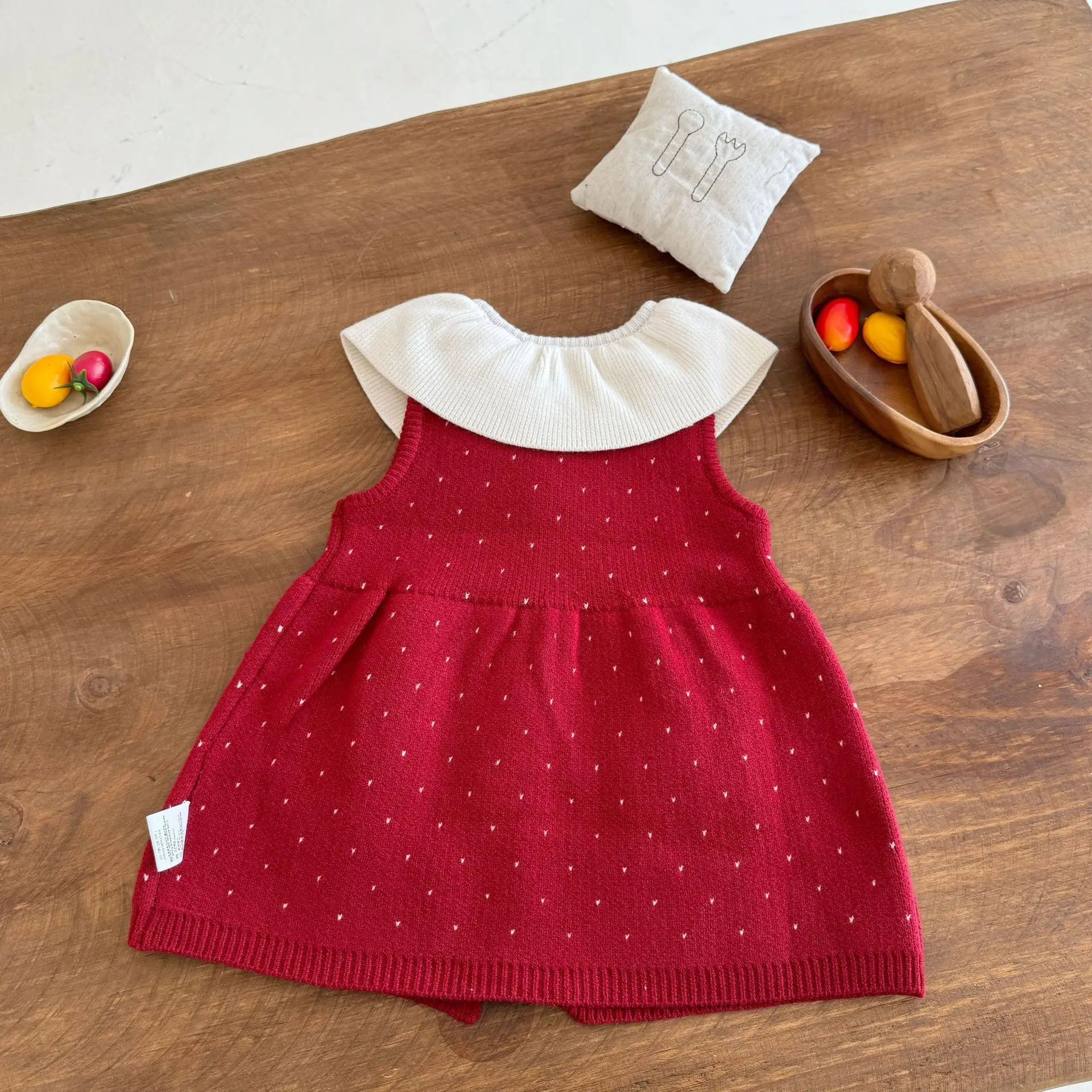 Spring And Autumn Dot Dress For Baby Girls, Western Style Knitted Collar Sleeveless Cardigan Skirt