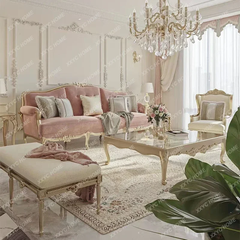 XX light luxury three-person sofa neoclassical retro gold carved coffee table combination