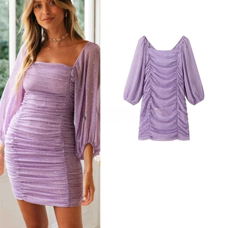 Herfst Nieuwe Dames Country Sle Vierkante Kraag Lange Sve Afslanken Geplooid Ontwerp Gedrukt Bodycon Dr Casual X Versie Pol...
