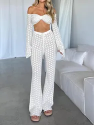 Hollow Out Crochet Knit Pants Sets Women Casual Two-Piece Outfit See Through Long Sleeve Crop Tops+High Waist Long Pants