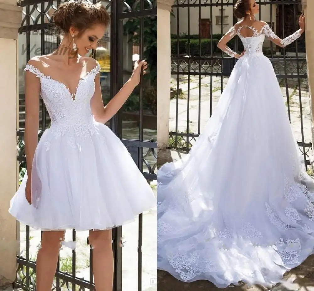 Vestidos de casamento curtos de duas peças com trem destacável sexy aberto volta renda praia vestido de casamento país castelo noiva personalizado