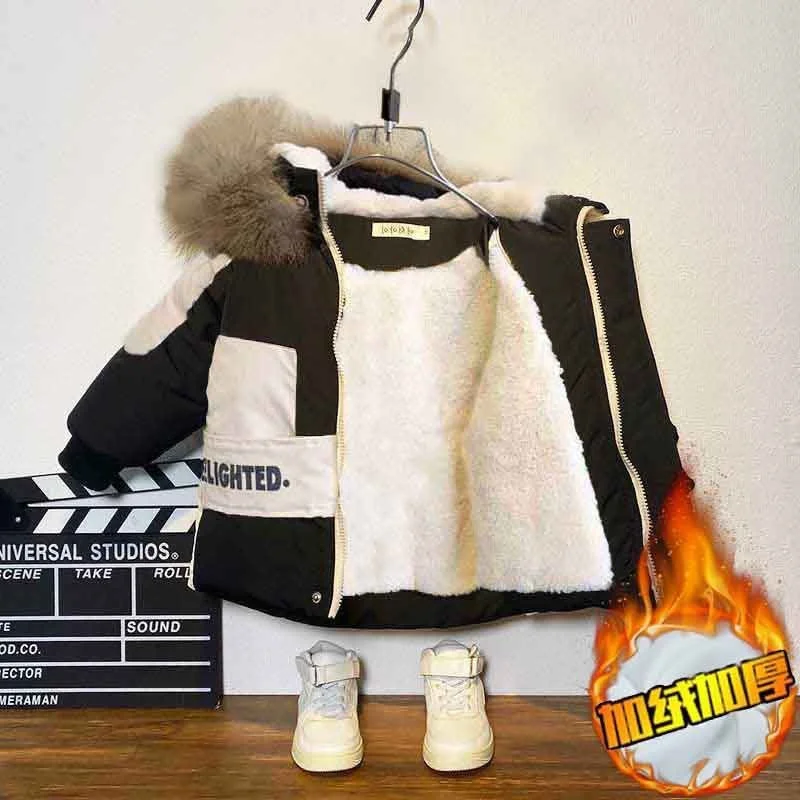Boys Fleece Warm Coats Winter Thicken Plus Velvet Cotton Clothes Jackets Autumn Kids Furry Hooded Overcoat Children Outerwear