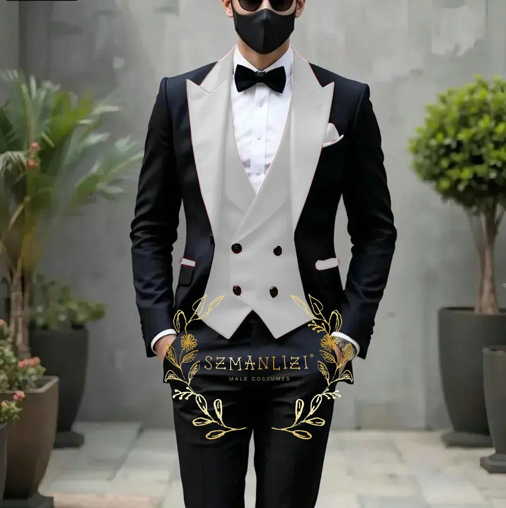 Groom Wedding Tuxedos 3-piece Suit Men's Black Suit Jacket Pants Vest Formal Red Peak Lapel Blazer Sets Slim Fit Outfit