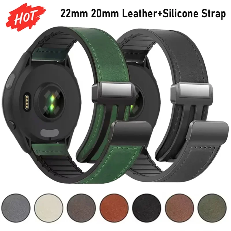 22mm 20mm Leder+Silikon-Armband für Garmin Forerunner 970 570 55 165 965, magnetisch, atmungsaktiv, für Garmin Vivoactive 6/5 Venu 3/4