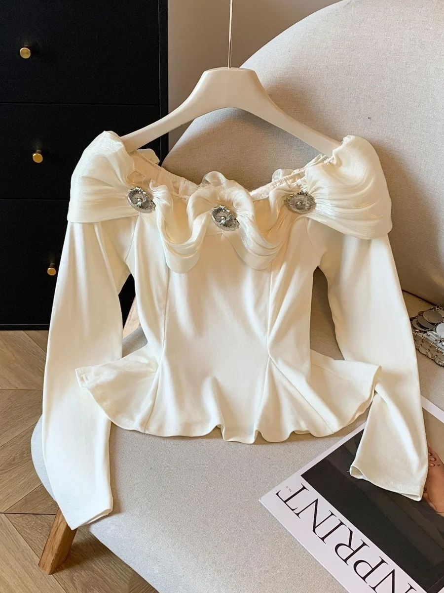 Renda vermelha guarnição ort irt feminino outono inverno bonito saia um ombro base irt topo coreano sle commute sle cintura cinch