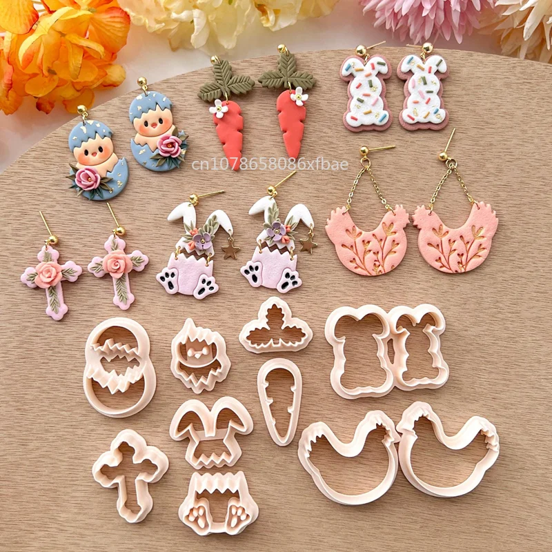 Easter Days Animal Bunny Polymer Clay Cutters Easter Cute Chicken Rabbit Cross Pottery Clay Earrings Cutting Die Jewelry Tools
