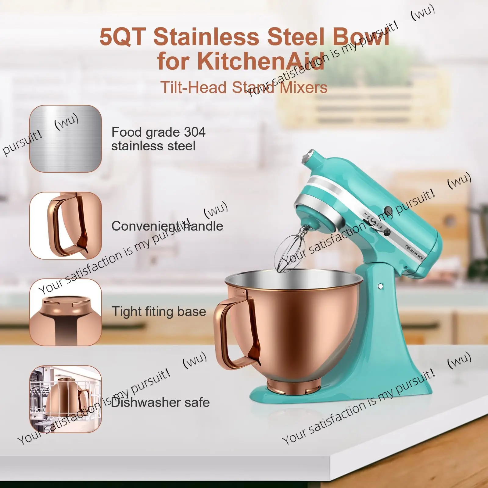

Kitchen Rose Gold Bowl 5QT Mixer Stainless Steel Bowl Auxiliary Supplies Replacement Tilt Mixer Bowl