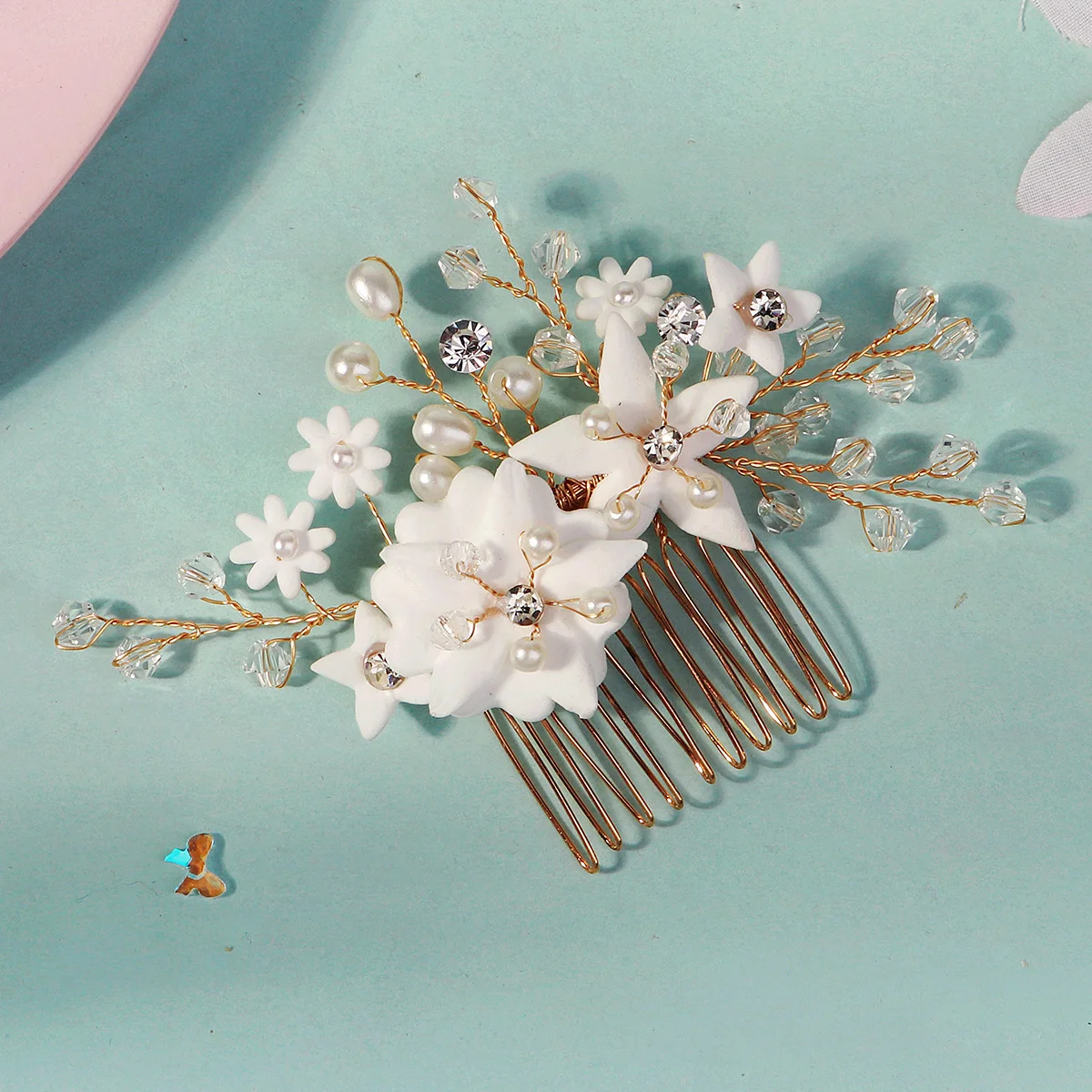 Elegante weiße Polymer Clay Blumen Damen Haarkämme Mode Kristall Perle Haarnadeln Braut Hochzeit Kopfschmuck Schmuck – Detail 19