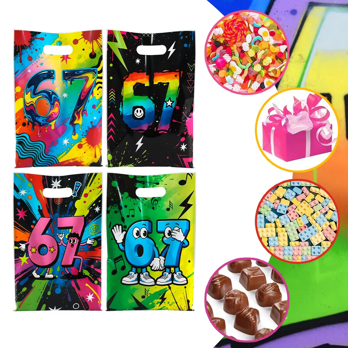 10/20/50 Stück 67 Themen-Geschenktüten, bunte Graffiti-Splash-Paint-Geschenktüten aus Kunststoff für Kinder, Teenager, Geburtstagsparty-Zubehör – Detail 1