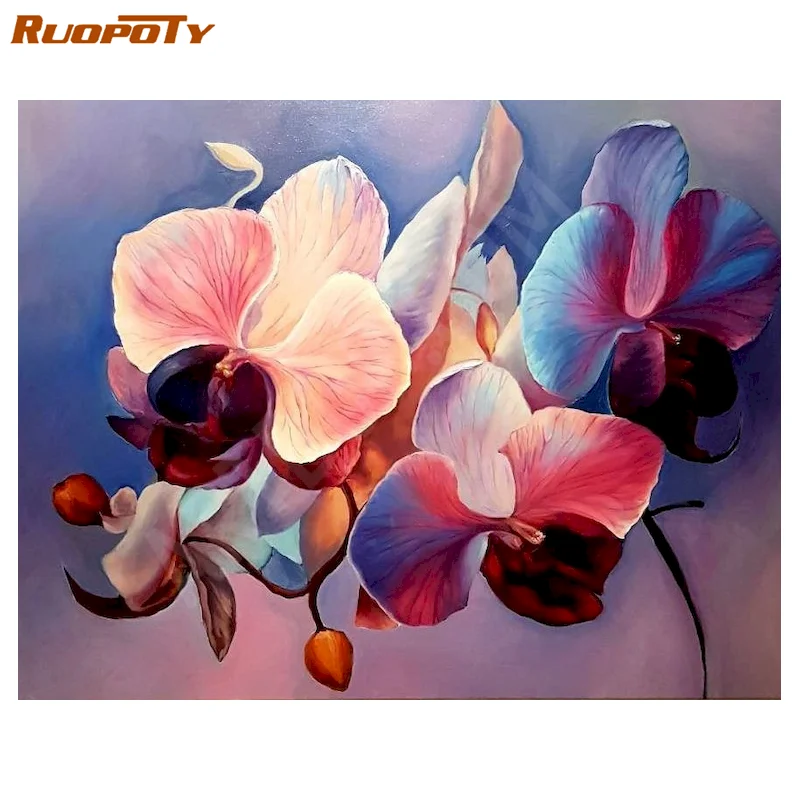 RUOPOTY DIY Frame Acrylic Paint By Number Flower For Adults Digital Painting Pictures By Numbers Butterfly Orchid Paint On Canva