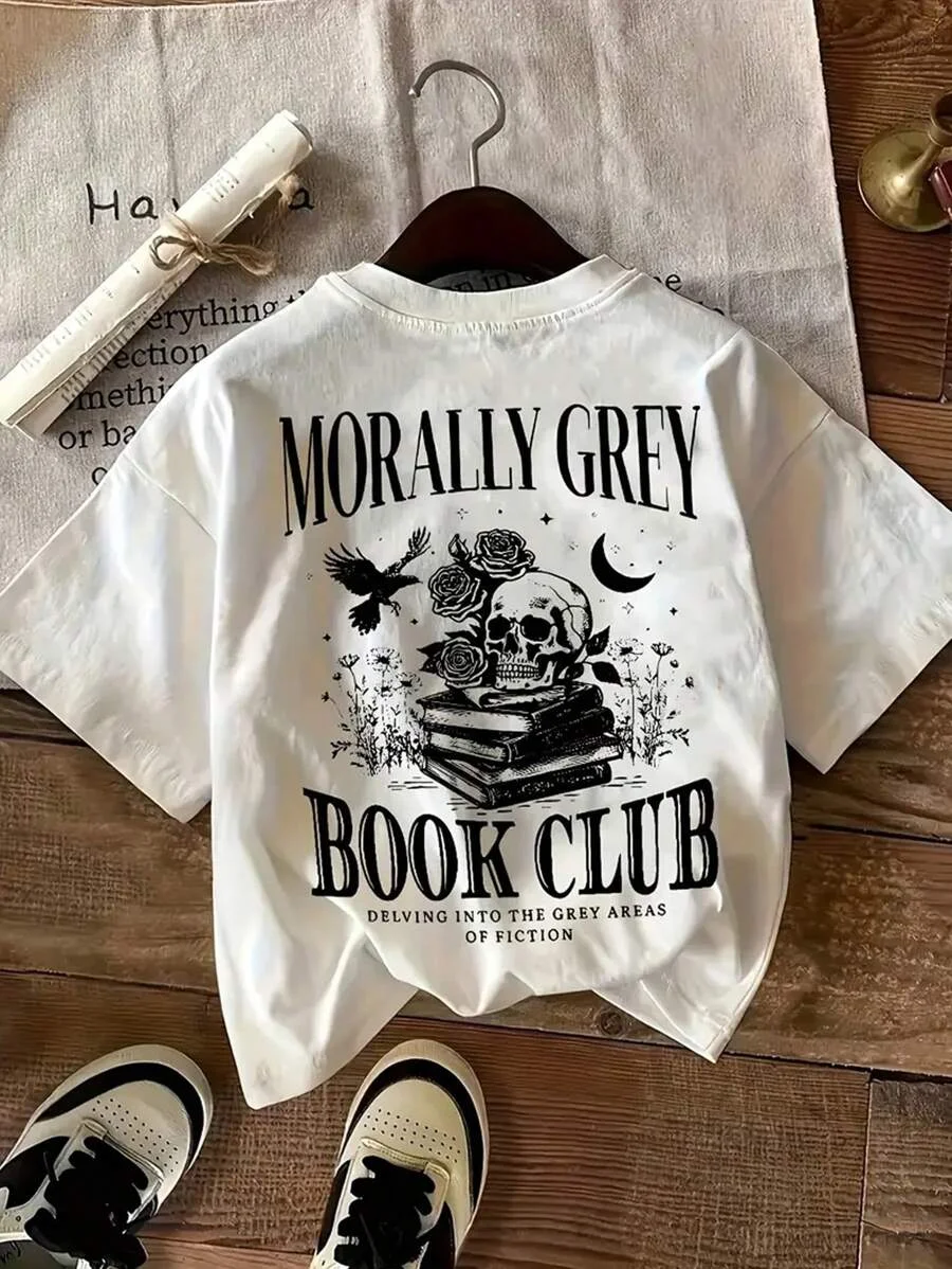 

Plus - Size Literary Dark Graphic Tee, Short - Sleeve with “MORALLY GREY BOOK CLUB” Print