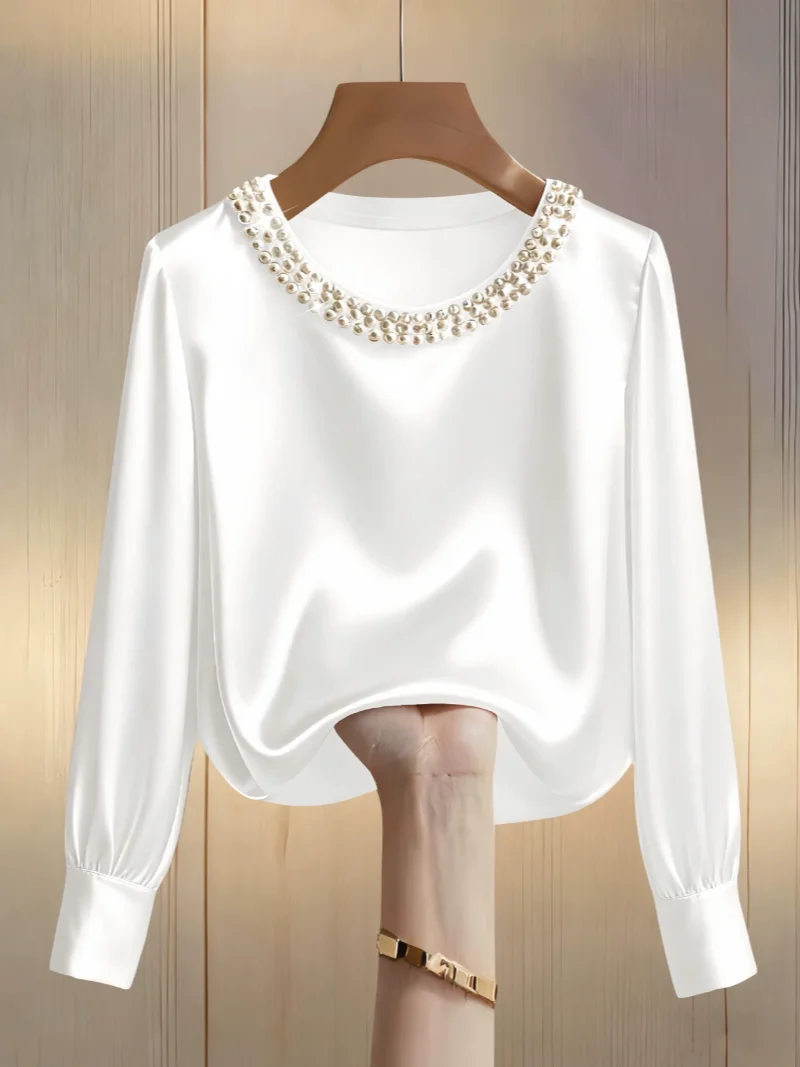 Women Long Sleeve Satin Blouse Pearl Beaded Round Neck Top Elegant Loose Fit Casual Party Wear