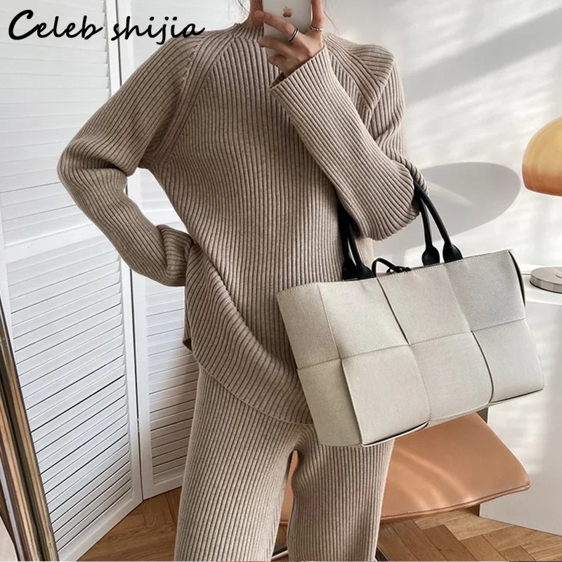 

SHIJIA Autumn Matching Sets Woman Oversized Sweater + Elastic Waist Pants Khaki Chic Korean Fashion Knitted 2 Piece Sets Winter