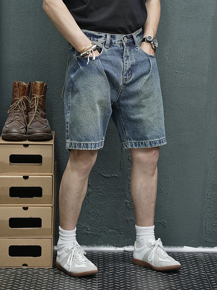 

2025 Summer New American Retro Denim Cargo Shorts Men's Fashion 80% Cotton Washed Make Old Loose Straight Casual 5-point Pants
