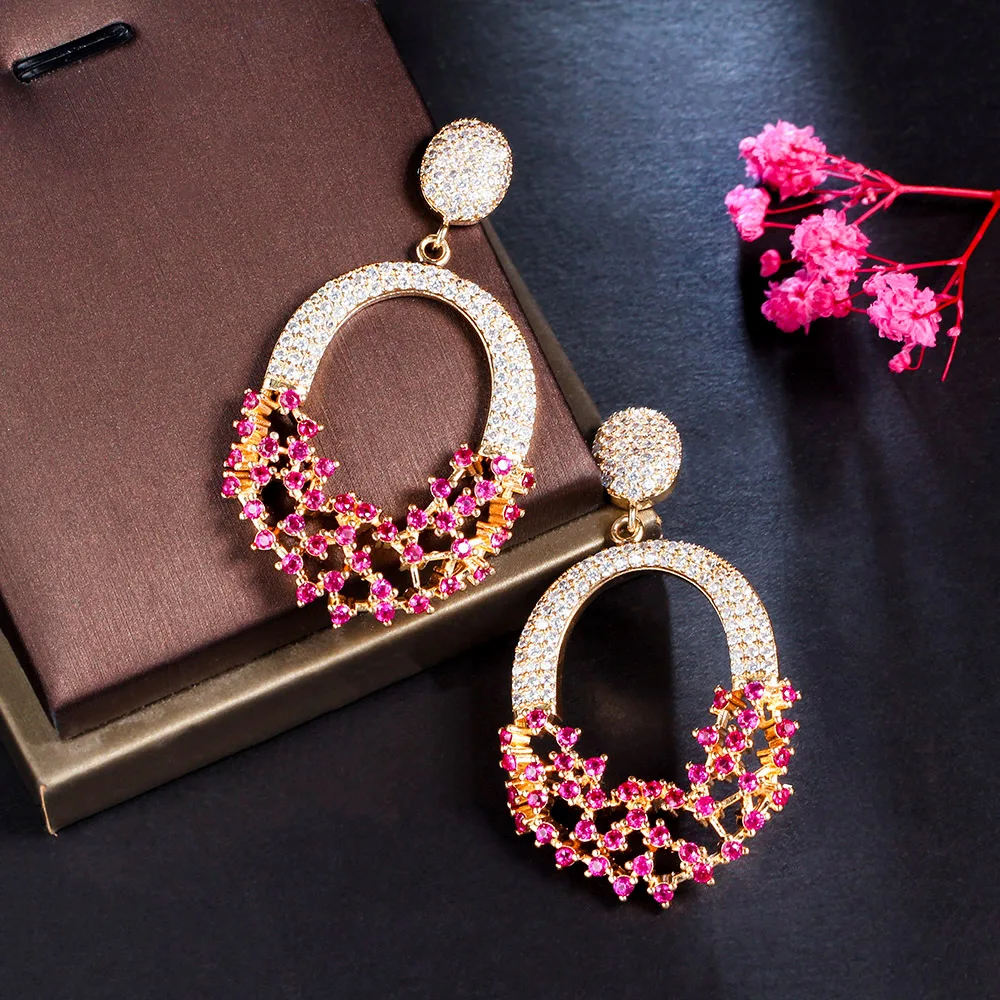 CWWZircons Luxury Brazilian Gold Color Hot Pink Cubic Zircon Pave Big Long Drop Earrings for Women Wedding Fashion Jewelry E0844